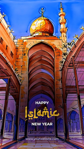 PSD fröhliche islamische neujahrsfeier, bezaubernde aquarellillustration eines faszinierenden moscheebanners