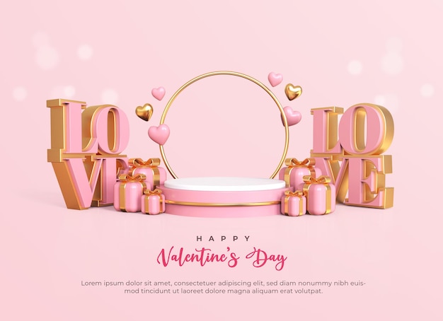 Fröhlichen Valentinstag mit leerem 3D-Podium und romantischen Valentinstagsdekorationen