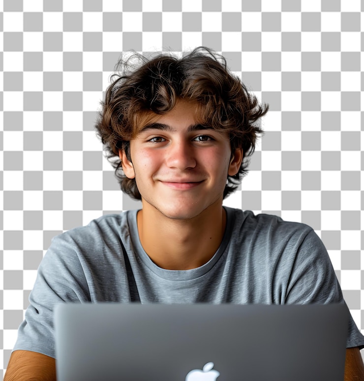 PSD fröhlicher junger mann benutzt einen laptop auf einem durchsichtigen hintergrund
