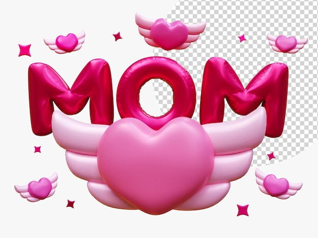 PSD fröhlicher muttertag mit liebesmama-ballonwörtern und dekorationsflügelherz festliches feiertagsfeierkonzept der liebe von müttern 3d-darstellung