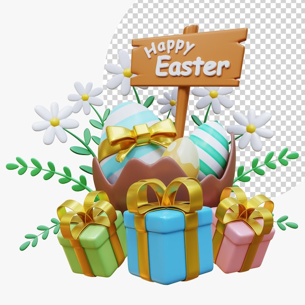 Fröhlicher Ostertag mit Ostereiern Konzept der Ostereiersuche Kreative Urlaubskomposition Banner und Poster Broschüre und Flyer Frühling Ostern 3D-Rendering