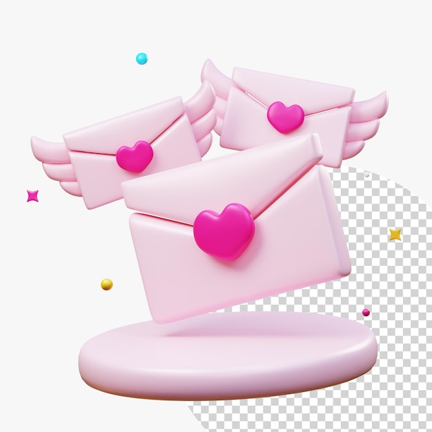 PSD fröhlicher valentinstag pinkfarbener papierumschlag mit engelsflügeln und rotem herzen glückwunschpostumschlag element für geburtstag und valentinstag hochzeit überraschung romantische grußkarte 3d-rendering