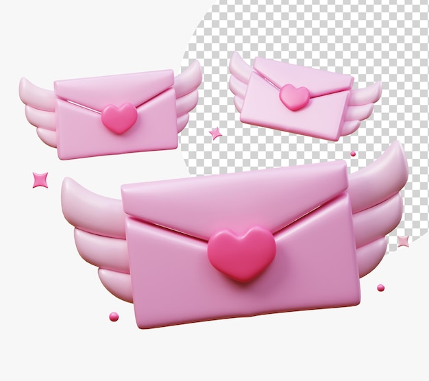 Fröhlicher Valentinstag Pinkfarbener Papierumschlag mit Engelsflügeln und rotem Herzen Glückwunschpostumschlag Element für Geburtstag und Valentinstag Hochzeit Überraschung romantische Grußkarte 3D-Rendering