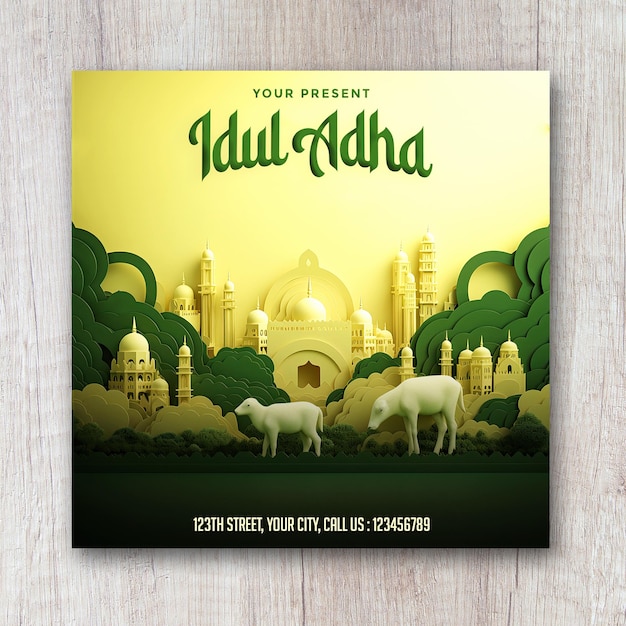 PSD fröhliches eid-adha-poster mit einer moschee und schafen im hintergrund auf einer grün-goldfarbenen 3d-landschaft