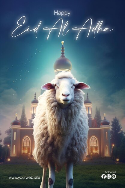 Fröhliches eid aladha-grußplakat mit schafen als hintergrund