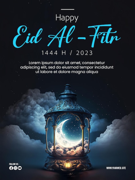 PSD fröhliches eid alfitr-poster mit einem hintergrund aus laternen, mond und wolken