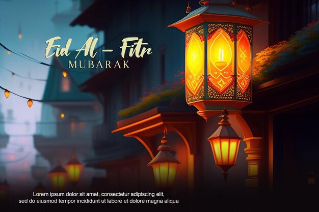 Fröhliches Eid alFitr-Poster mit einem Hintergrund aus Laternen