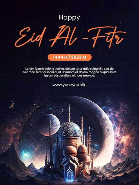 Fröhliches Eid AlFitr-Poster mit einem Moscheenhintergrund mit einem Weltraumthema