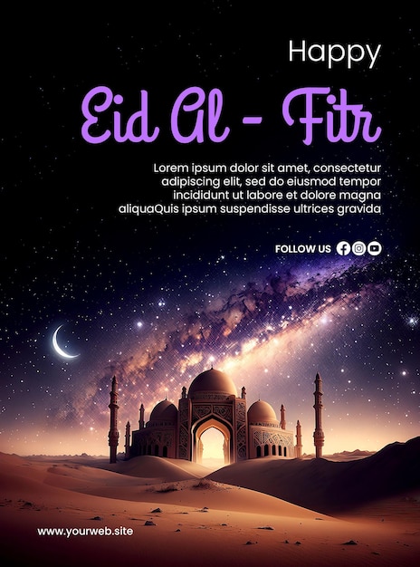 Fröhliches Eid alFitr-Poster mit einem Moscheenhintergrund und dem kreativen AI-Bild des Milchstraßenhimmels