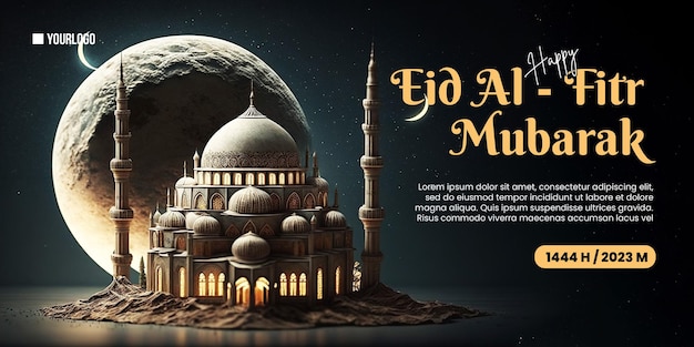 Fröhliches eid alfitr-poster mit moscheenhintergrund