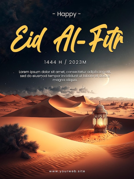 Fröhliches Eid AlFitr-Social-Media-Poster mit Wüstenhintergrund-Laternen-Moschee