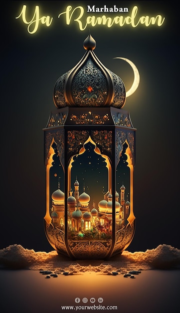 Fröhliches ramadan-poster mit einem hintergrund aus laternen, mond und sternen