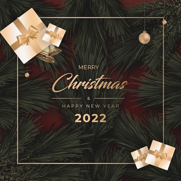 Frohe weihnachten und ein glückliches neues jahr 2022 beitragsvorlage mit rotem hintergrund und geschenken konfetti