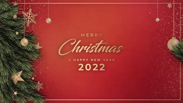 Frohe Weihnachten und ein glückliches neues Jahr 2022 Sale Banner mit rotem Hintergrund und Geschenke Konfetti