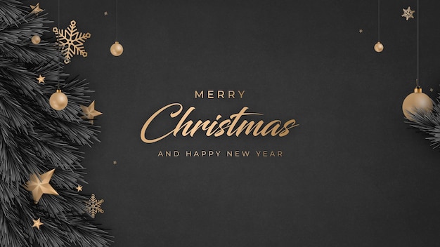 Frohe Weihnachten und ein glückliches neues Jahr Banner mit dunklem Hintergrund und Baum mit Schneeflocken