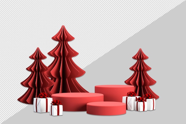 Frohe Weihnachten und ein glückliches neues Jahr mit offenen 3D-Geschenkboxen auf Podium und Weihnachtsschmuck