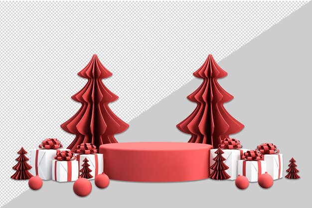 Frohe Weihnachten und ein glückliches neues Jahr mit offenen 3D-Geschenkboxen auf Podium und Weihnachtsschmuck