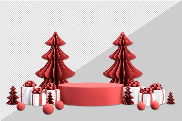 PSD frohe weihnachten und ein glückliches neues jahr mit offenen 3d-geschenkboxen auf podium und weihnachtsschmuck