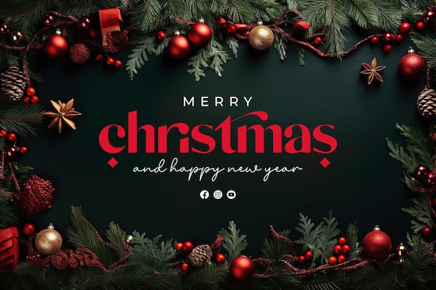 PSD frohe weihnachten und frohes neues jahr banner vorlage mit weihnachten brance geschenke kiefernblatt