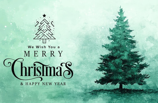 Frohe Weihnachtskarte mit künstlerischem Weihnachtenbaum mit grünem Aquarell-Hintergrund
