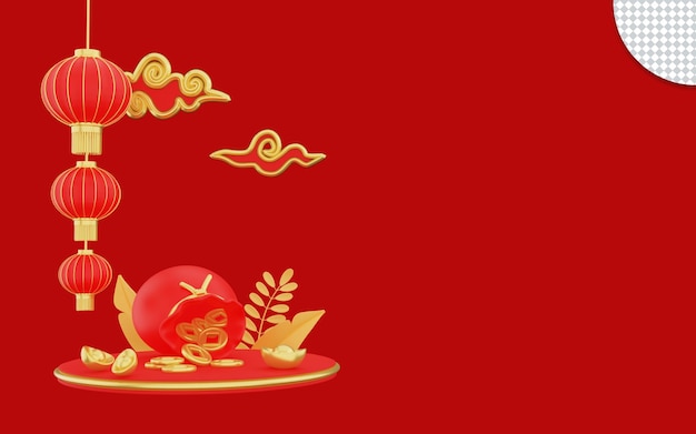 Frohes chinesisches Neujahr mit Glückstüte Laterne Sycee und Münze 3D-Rendering