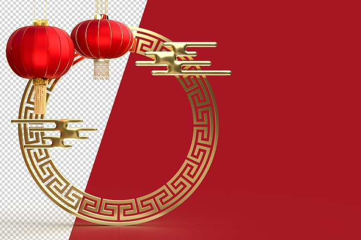PSD frohes chinesisches neujahr. realistische gestaltungselemente, hängende laternen mit chinesischer dekoration. mock-up-designs im orientalischen asiatischen stil. 3d-rendering