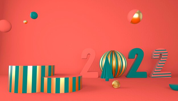 Frohes neues Jahr 2022. 3D-Zahlen mit geometrischen Formen und Weihnachtskugel. 3D-Rendering.