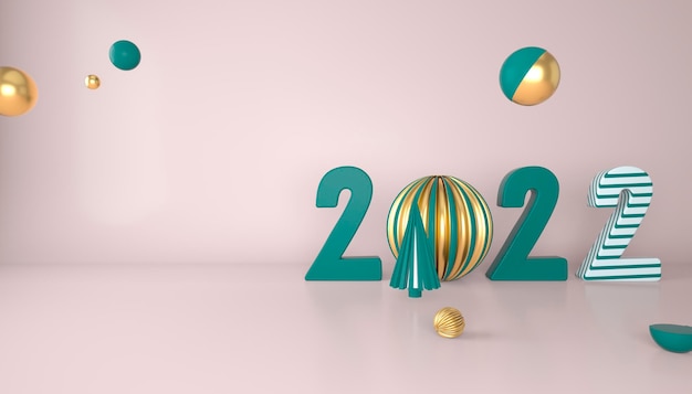 PSD frohes neues jahr 2022. 3d-zahlen mit geometrischen formen und weihnachtskugel. 3d-rendering.