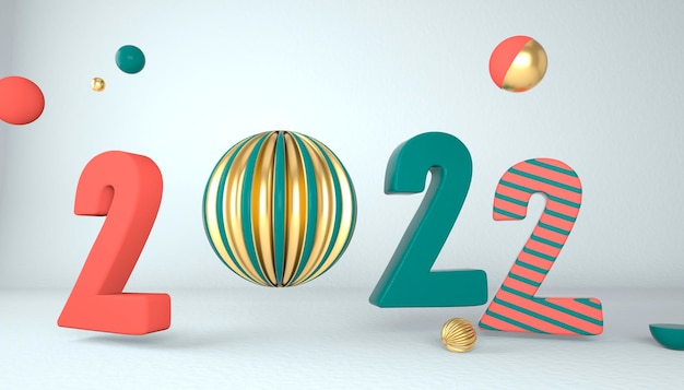 PSD frohes neues jahr 2022. 3d-zahlen mit geometrischen formen und weihnachtskugel. 3d-rendering.