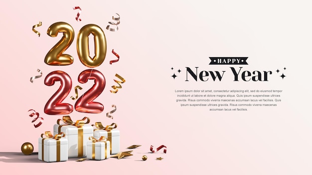 Frohes neues jahr 2022 mit geschenkboxen, luftballons und konfetti 3d-rendering-illustrationen