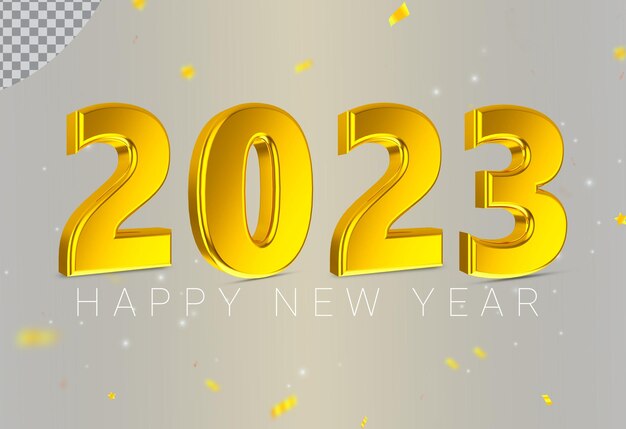 Frohes neues Jahr 2023 Nummer 3D-goldenes elegantes Banner mit fallendem Konfetti auf hellem Hintergrund