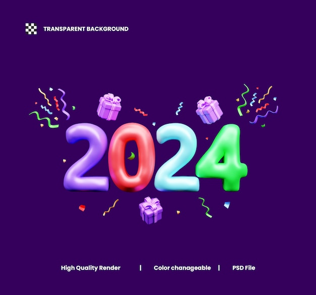 Frohes neues Jahr 2024 Feiern 3D-Illustration oder frohes neues Jahr 2024 3D-Rendering mit Konfetti