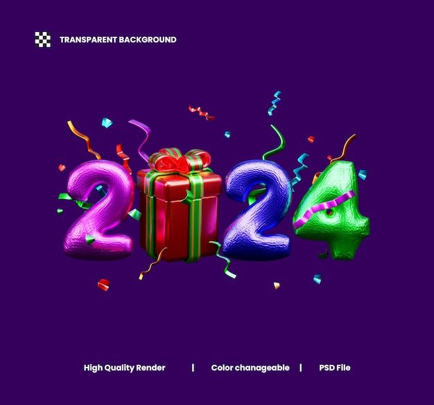 Frohes neues Jahr 2024 Feiern 3D-Illustration oder frohes neues Jahr 2024 3D-Rendering mit Konfetti