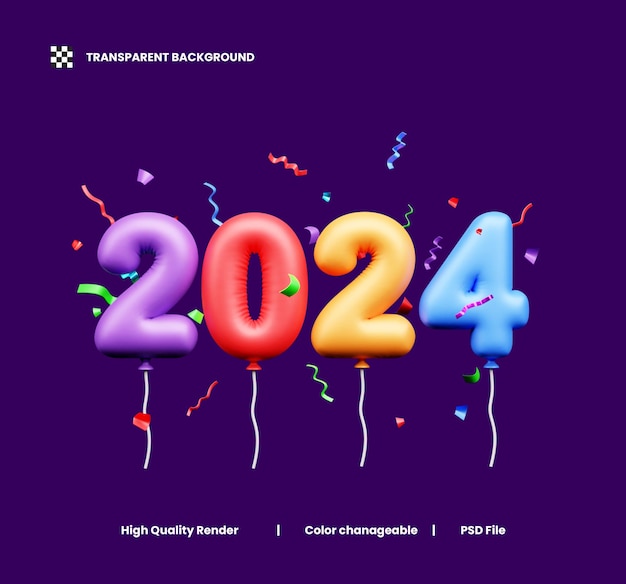 Frohes neues Jahr 2024 Feiern 3D-Illustration oder frohes neues Jahr 2024 3D-Rendering mit Konfetti