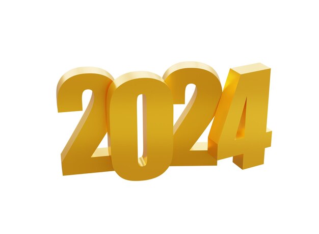 Frohes neues Jahr 2024 mit glänzenden 3D-goldenen Zahlen isoliert transparent png Feiertagsgolden
