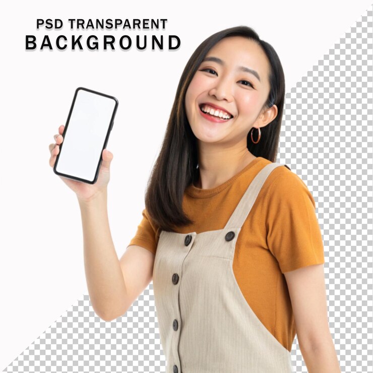 Front view of a young asian woman showing a blank smart Phone screen on transparent background