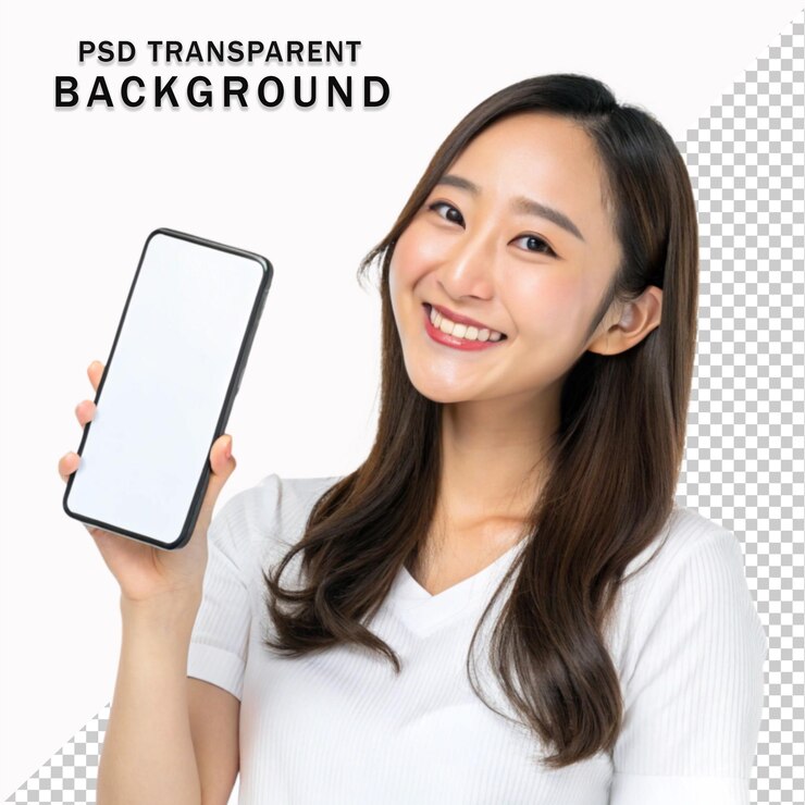 Front view of a young asian woman showing a blank smart Phone screen on transparent background