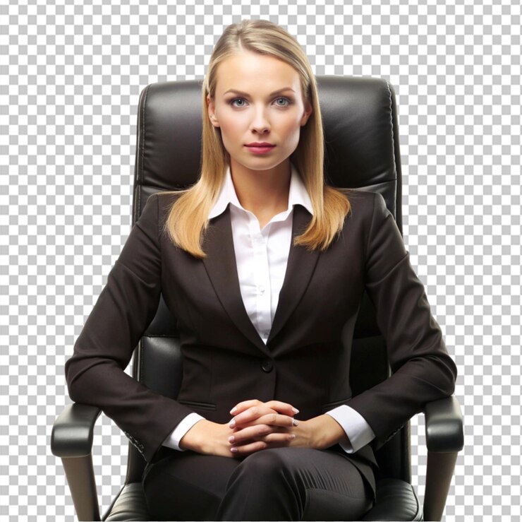 PSD front view of strict business woman in black suit on transparent background