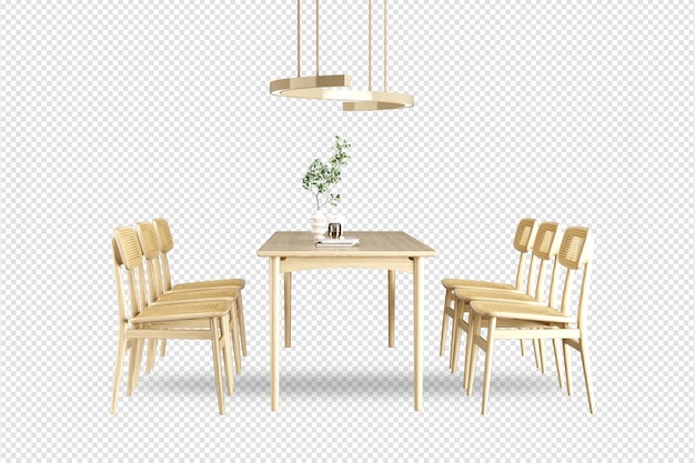 front view of wooden table and chairs in 3d rendering