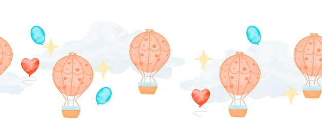 Fronteira sem costura com balões coloridos nuvens e estrelas aquarela ilustração digital