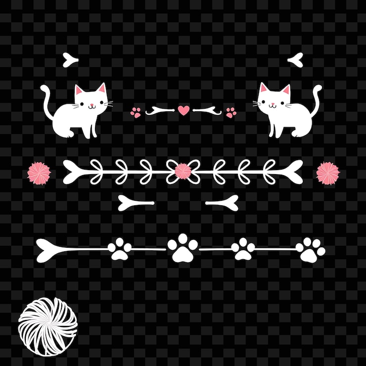 PSD fronteiras decorativas gatos ossos de peixe impressões de patas cinza suave e rosa pastel arte de linha bonita e simples