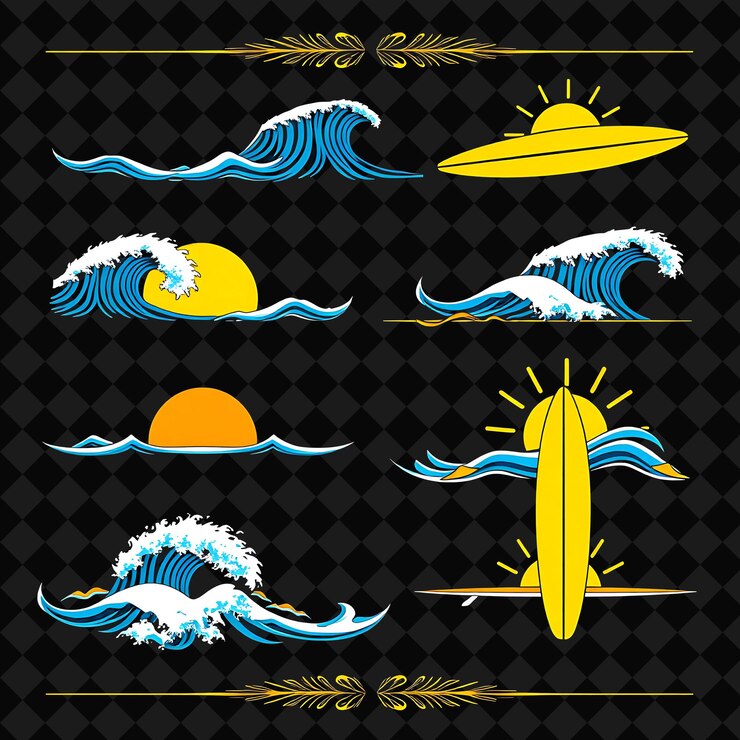 PSD fronteiras decorativas ondas pranchas de surf e sunbursts amarelos ensolarados com oceano blues surf californiano
