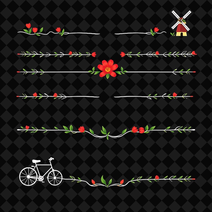 PSD fronteiras decorativas tulipas moinhos de vento bicicletas vermelhos e verdes brilhantes estilo rural holandês capricho