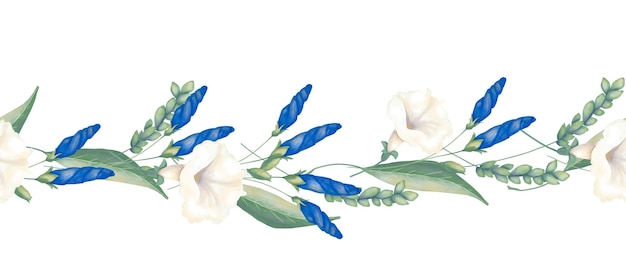 Frontera sin costuras con flores blancas brotes azules hojas verdes y orejas de trigo ilustración