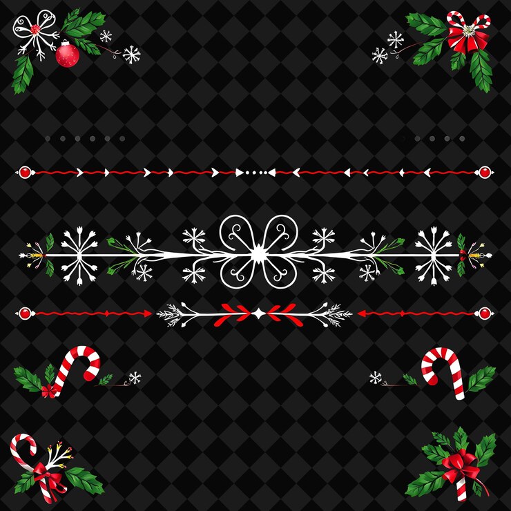 PSD fronteras decorativas árboles de navidad ornamentos y copos de nieve celebración festiva roja y verde
