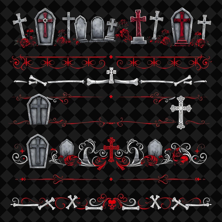 PSD fronteras decorativas ataúdes lápidas cruces y huesos piedra gris y rojo profundo tonos góticos cem
