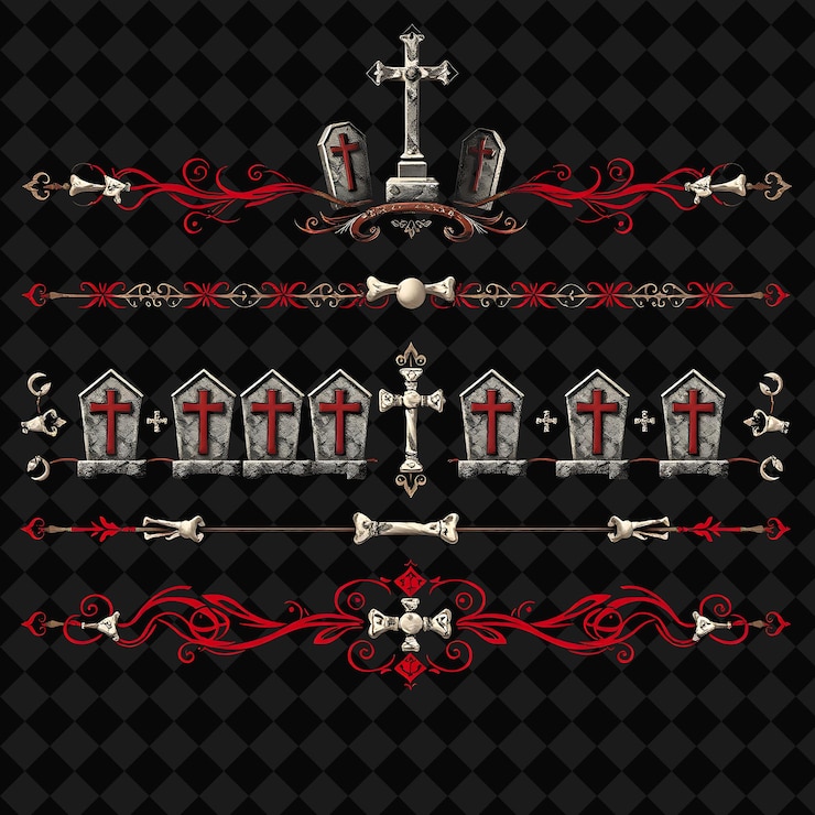 PSD fronteras decorativas ataúdes lápidas cruces y huesos piedra gris y rojo profundo tonos góticos cem