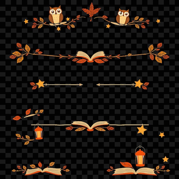 Fronteras decorativas búhos libros estrellas tonos cálidos marrones y naranjas estilo acogedor y caprichoso decoración