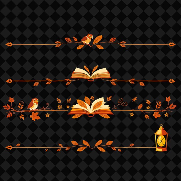 Fronteras decorativas búhos libros linternas cálidas marrón y naranja acogedor estilo de otoño decorado con