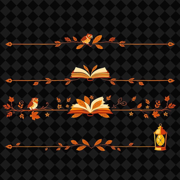 PSD fronteras decorativas búhos libros linternas cálidas marrón y naranja acogedor estilo de otoño decorado con